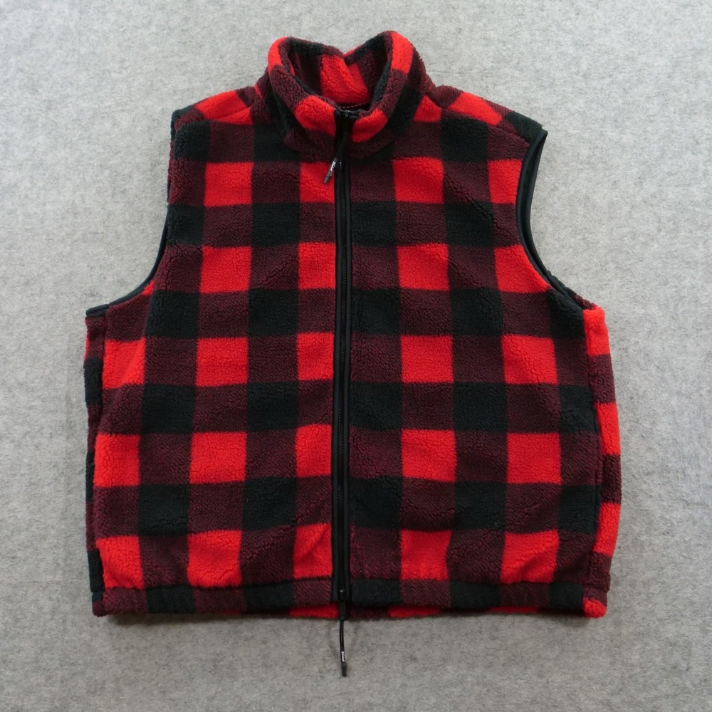 Woolrich Vest Jacket Men's Medium Red Buffalo Plaid Full Zip Sherpa Fleece